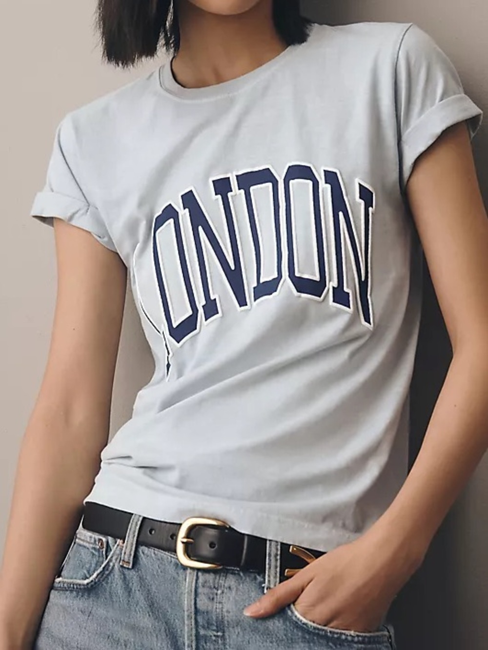 Anthropologie Light Blue Crewneck Tee with Navy "LONDON" Graphic NWOT